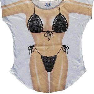 Novelty Bikini Print Tee with Black Crochet Bikini Graphic